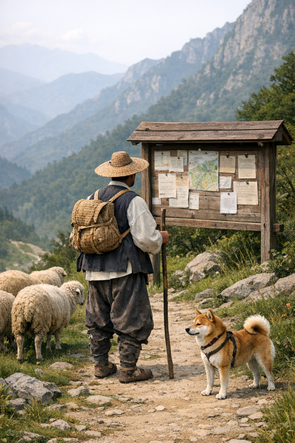 A Korean Shepherder looking at a bulletin board by a mountain path Shepherder is by his sheep His shiba inu sheep herding dog is nearby The image is n